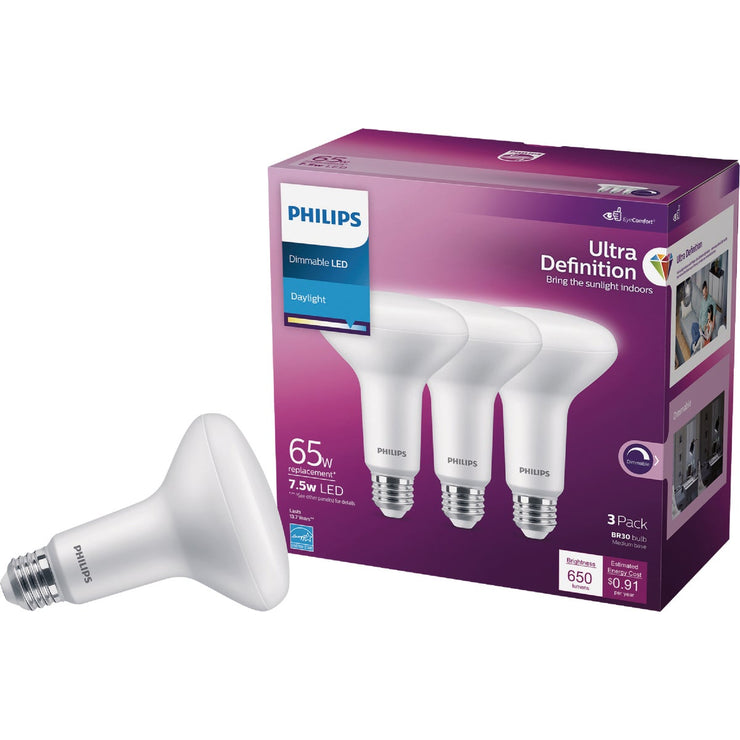 Image of Philips Ultra Definition 65W Equivalent BR30 Medium Daylight LED Floodlight Light Bulb (3-Pack)
