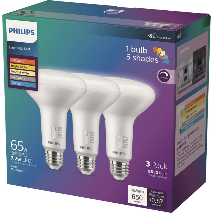 Image of Philips 65W Equivalent 5CCT BR30 Medium Dimmable LED Floodlight Light Bulb (3-Pack)