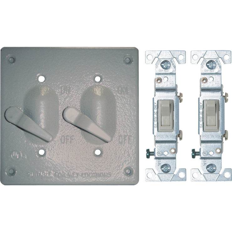Image of Southwire 2-Toggle Vertical Mount Gray Weatherproof Cover with (2) Single Pole 15A Switches