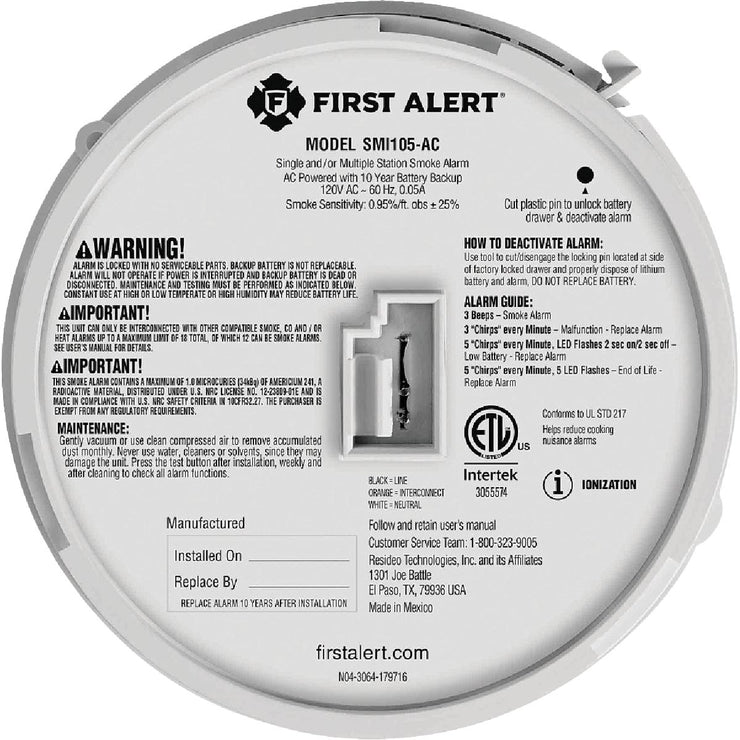 Image of First Alert Interconnect Hardwire Ionization Smoke Alarm with 10-Year Battery Backup