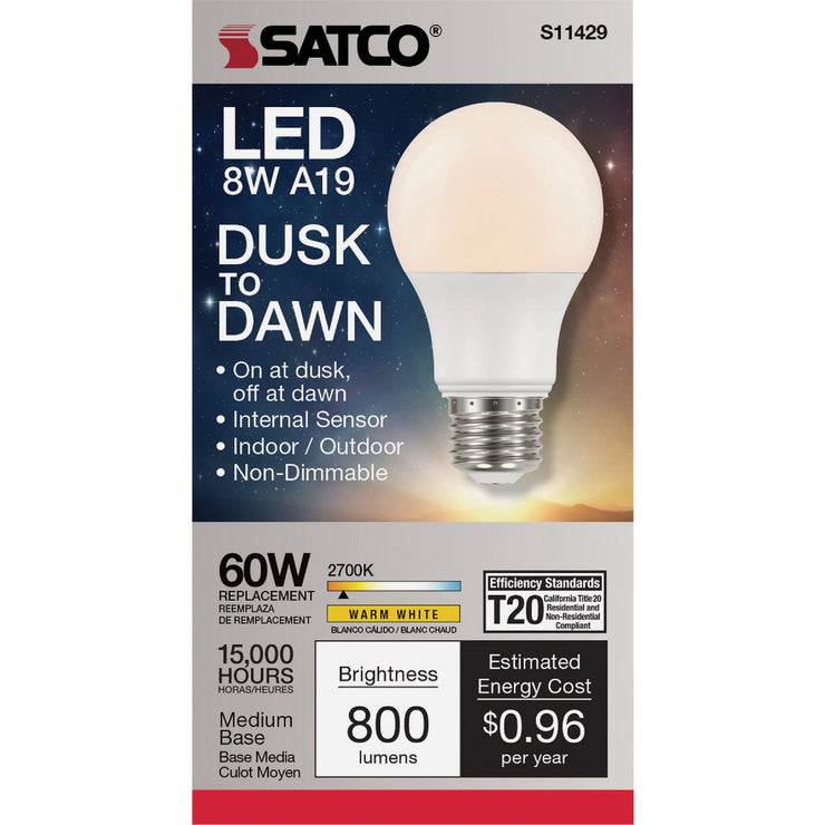 Image of Satco Nuvo 60W Equivalent Warm White A19 Medium Dusk To Dawn LED Light Bulb