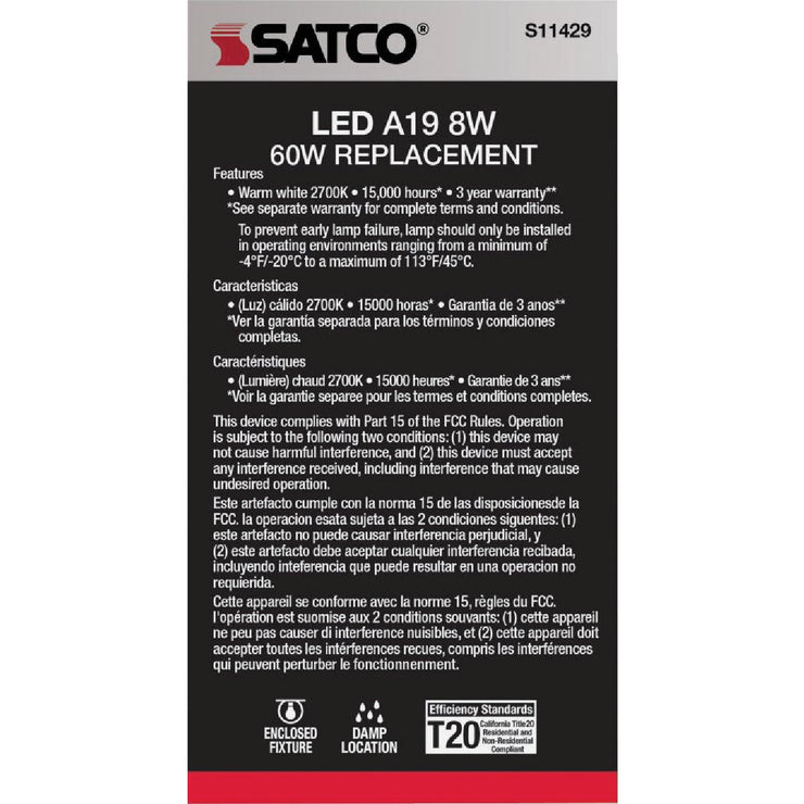 Image of Satco Nuvo 60W Equivalent Warm White A19 Medium Dusk To Dawn LED Light Bulb