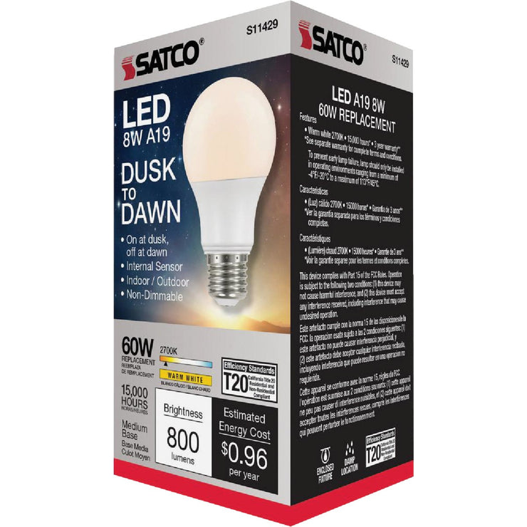Image of Satco Nuvo 60W Equivalent Warm White A19 Medium Dusk To Dawn LED Light Bulb