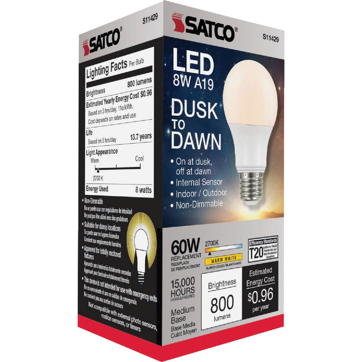 Image of Satco Nuvo 60W Equivalent Warm White A19 Medium Dusk To Dawn LED Light Bulb