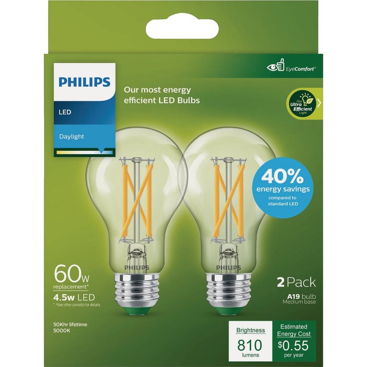 Image of Philips Ultra Efficient 60W Equivalent Daylight A19 LED Light Bulb (2-Pack)