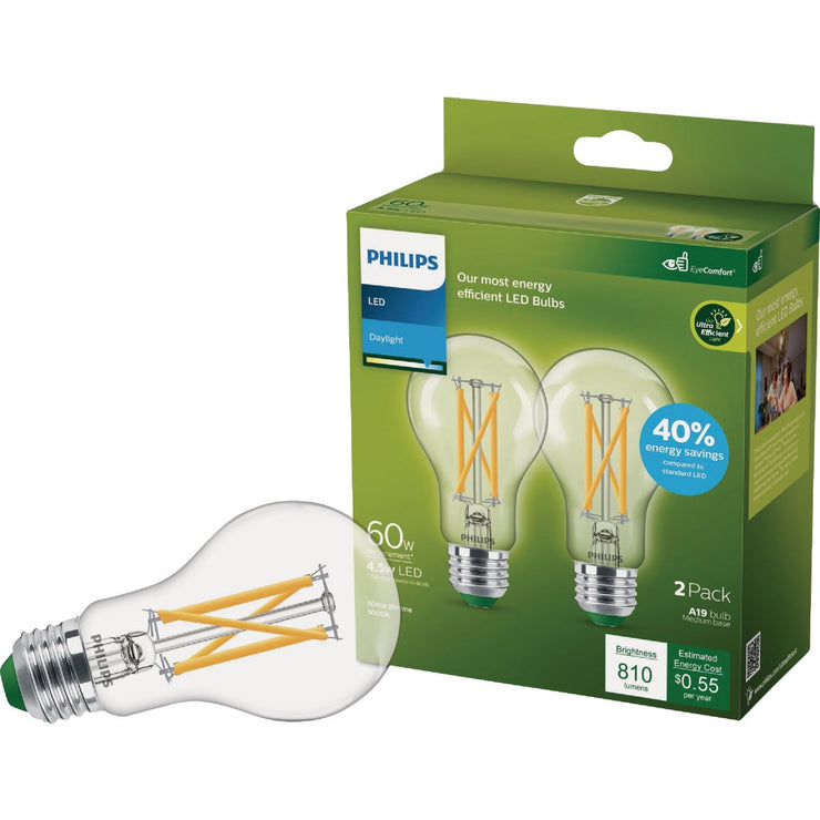 Image of Philips Ultra Efficient 60W Equivalent Daylight A19 LED Light Bulb (2-Pack)