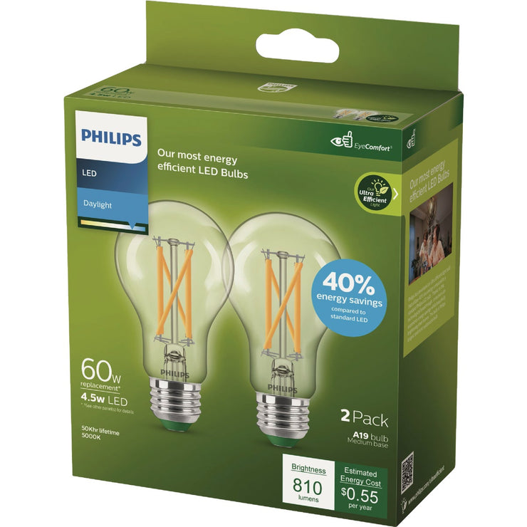 Image of Philips Ultra Efficient 60W Equivalent Daylight A19 LED Light Bulb (2-Pack)