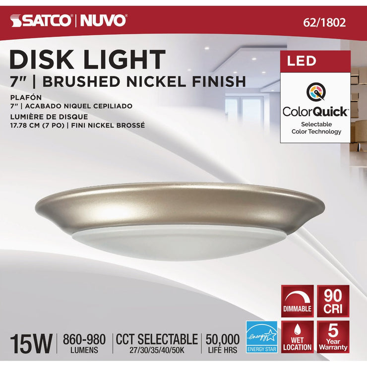 Image of Satco Nuvo 7 In. Brushed Nickel 60W Equivalent LED CCT-Selectable Disk Flush Mount Ceiling Light Fixture