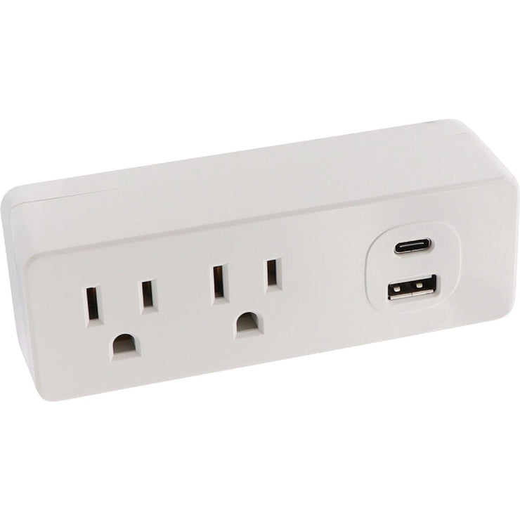 Image of Prime Wire & Cable White 15A 2-Outlet Wall Tap with 1 USB-A & 1 USB-C