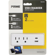 Image of Prime Wire & Cable White 15A 2-Outlet Wall Tap with 1 USB-A & 1 USB-C