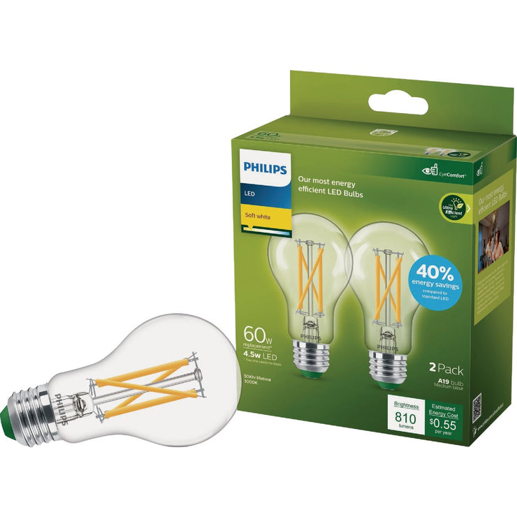 Image of Philips Ultra Efficient 60W Equivalent Soft White A19 LED Light Bulb (2-Pack)