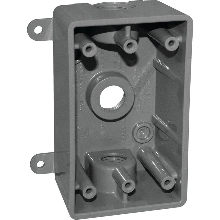 Image of Southwire Single Gang 1/2 In., 3/4 In. 3-Hole Gray Weatherproof PVC Junction Box