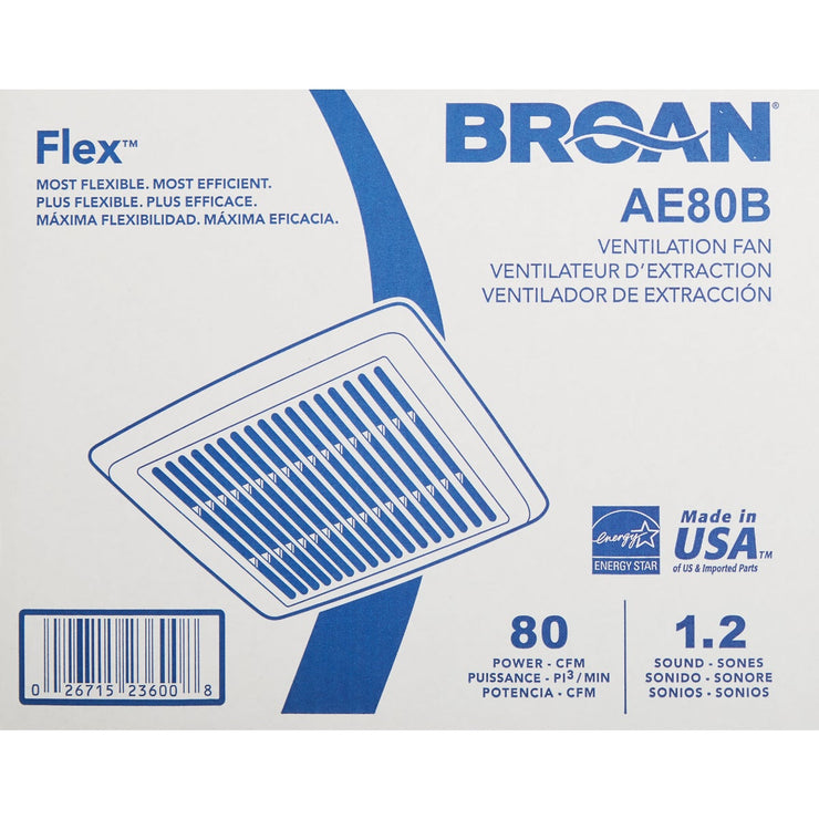 Image of Broan-NuTone Flex Series 80 CFM 1.2 Sones 120V Ceiling Room Side Installation Bath Exhaust Fan