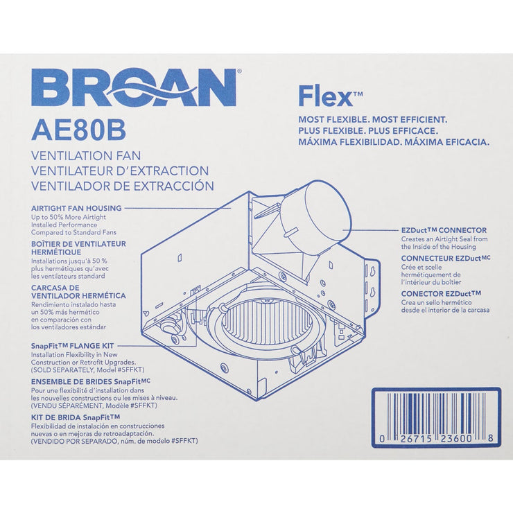 Image of Broan-NuTone Flex Series 80 CFM 1.2 Sones 120V Ceiling Room Side Installation Bath Exhaust Fan