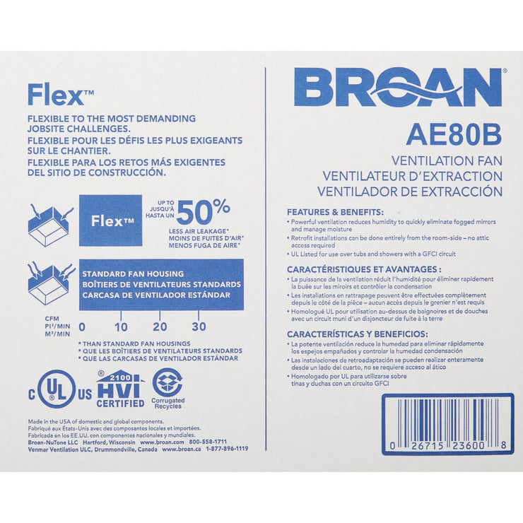 Image of Broan-NuTone Flex Series 80 CFM 1.2 Sones 120V Ceiling Room Side Installation Bath Exhaust Fan