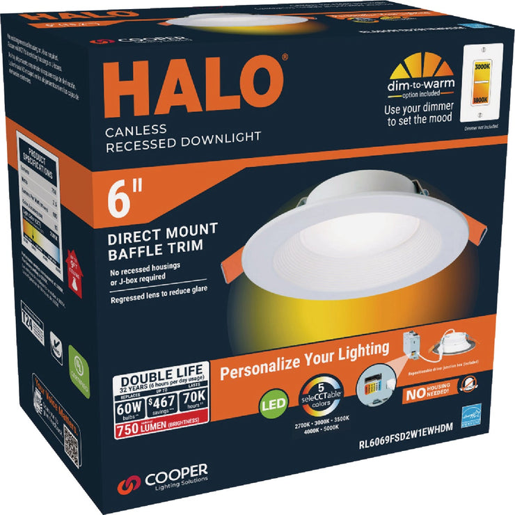 Image of Halo 6 In. Selectable CCT Direct Mount Canless Recessed LED Downlight, White