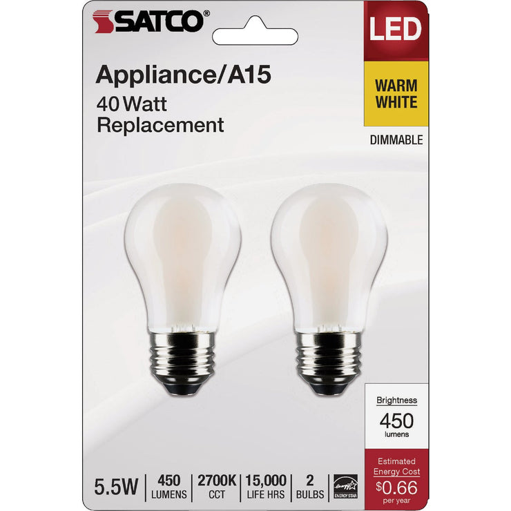 Image of Satco 40W Equivalent Warm White Appliance A15 Medium Dimmable Traditional LED Light Bulb (2-Pack)
