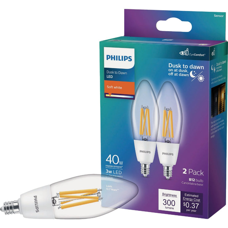 Image of Philips 40W Equivalent Soft White B11 Dusk to Dawn LED Decorative Light Bulb (2-Pack)