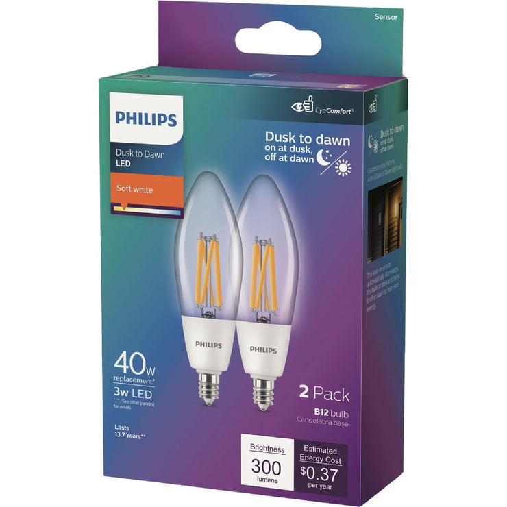 Image of Philips 40W Equivalent Soft White B11 Dusk to Dawn LED Decorative Light Bulb (2-Pack)