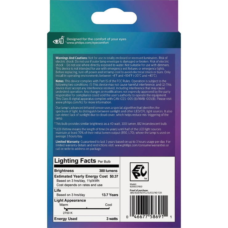 Image of Philips 40W Equivalent Soft White B11 Dusk to Dawn LED Decorative Light Bulb (2-Pack)