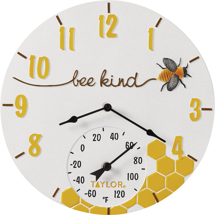 Image of Taylor 14 In. Bee Kind Poly-Resin Clock and Thermometer