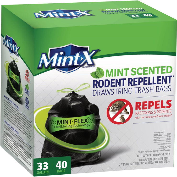 Image of Mint-X 33 Gal. Mint Scented Rodent Repellent Drawstring Trash Bags (40-Count)