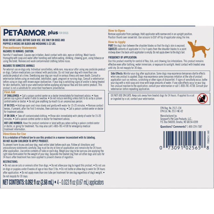 Image of PetArmor Plus For Dogs 5 to 22 Lb. Flea & Tick Topical Treatment (3-Pack)