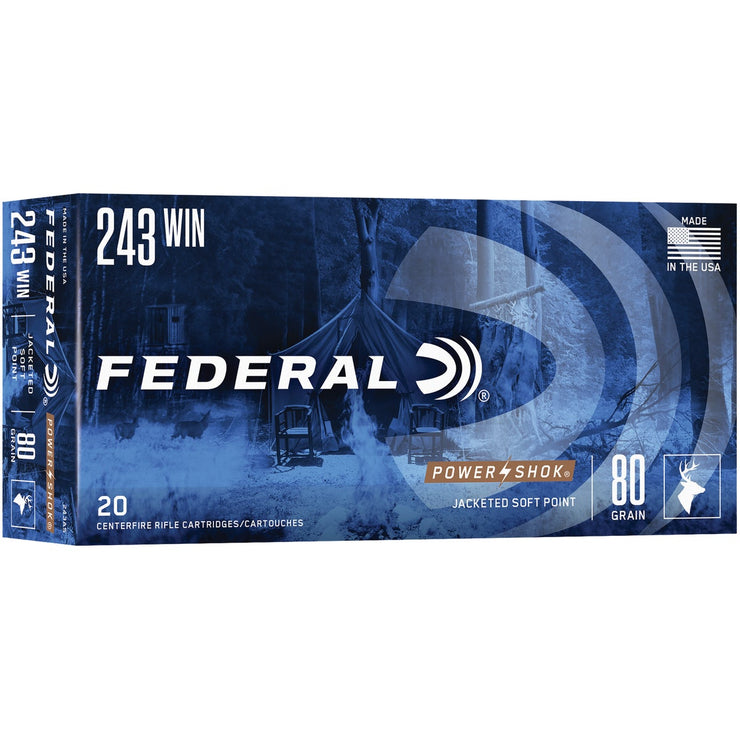 Image of Federal Power Shok .243 Win 80 Grain Jacketed Soft Point Centerfire Ammunition Cartridges