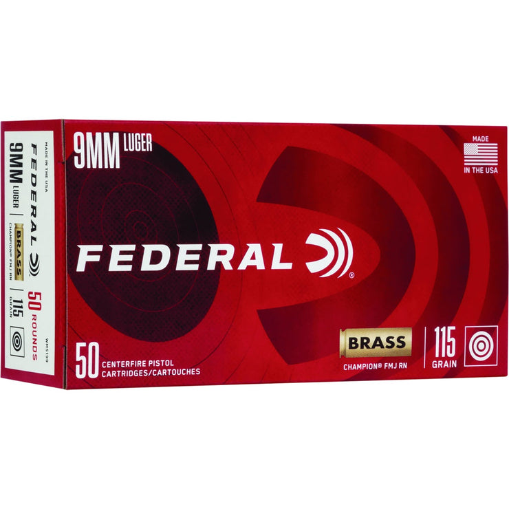 Image of Federal Champion 9mm Luger 115 Grain FMJ RN Brass Centerfire Ammunition Cartridges