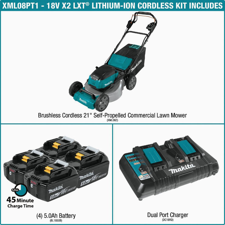 Image of Makita 36V (18V X2) LXT Brushless 21 In. Self-Propelled Commercial Lawn Mower Kit with 4 Batteries (5.0Ah)