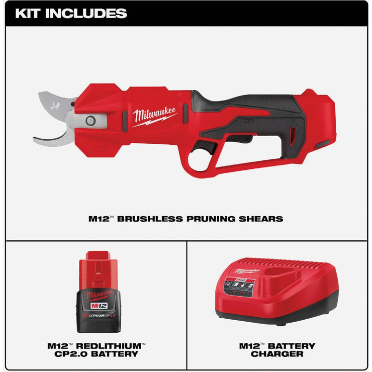 Image of Milwaukee M12 Brushless Cordless Pruning Shears Kit with 2.0 Ah Battery & Charger