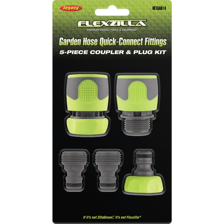 Image of Flexzilla Standard Garden Hose Quick-Connect Coupler & Plug Kit, ZillaGreen (5-Piece)