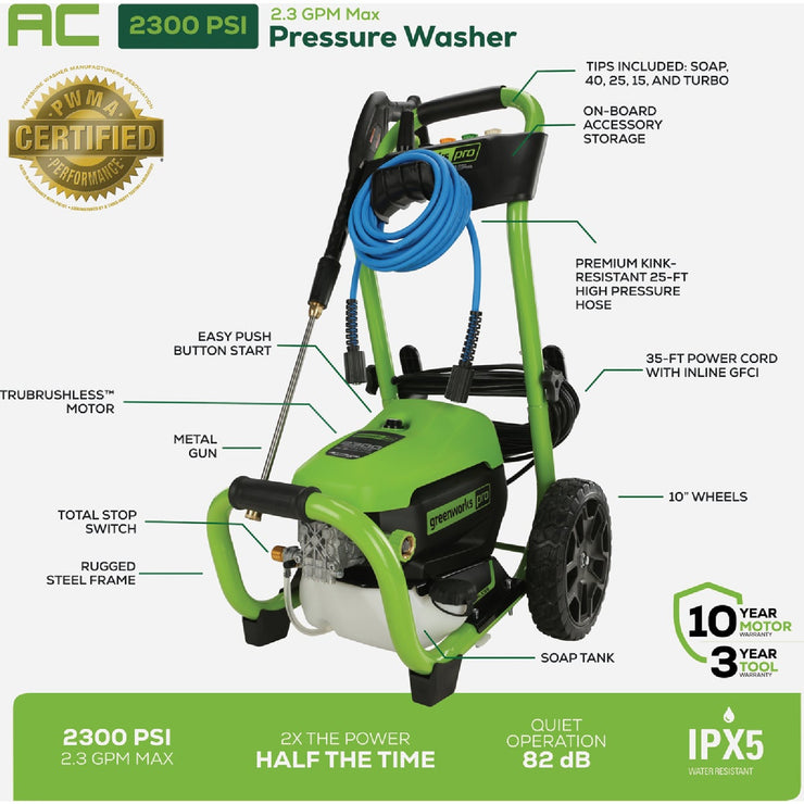 Image of Greenworks 2300 PSI 2.3 GPM Cold Water Corded Electric Pressure Washer