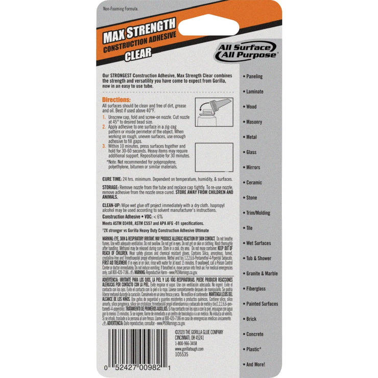 Image of Gorilla 2.5 Oz. Clear Max Strength Construction Adhesive