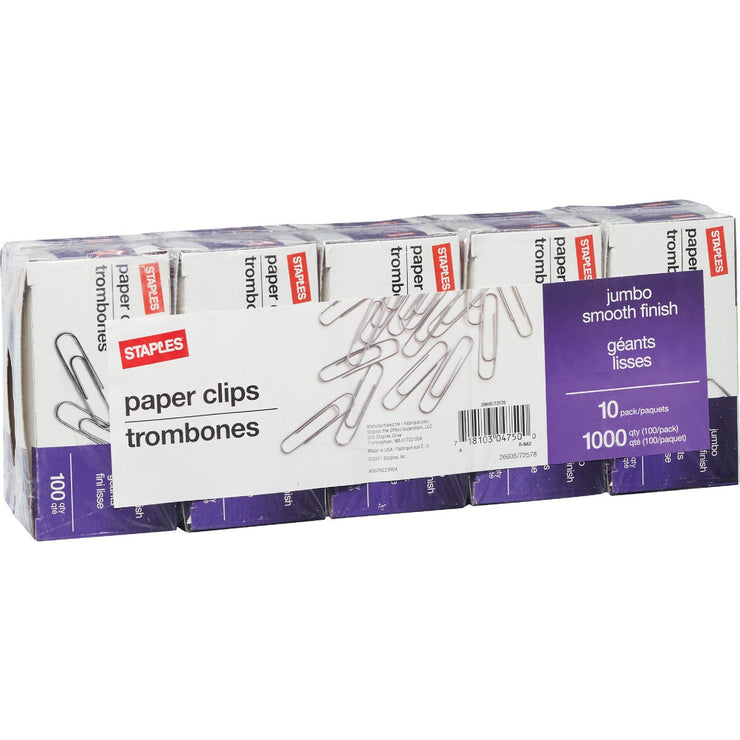 Image of Staples Jumbo Smooth Paper Clips (1000-Pack)
