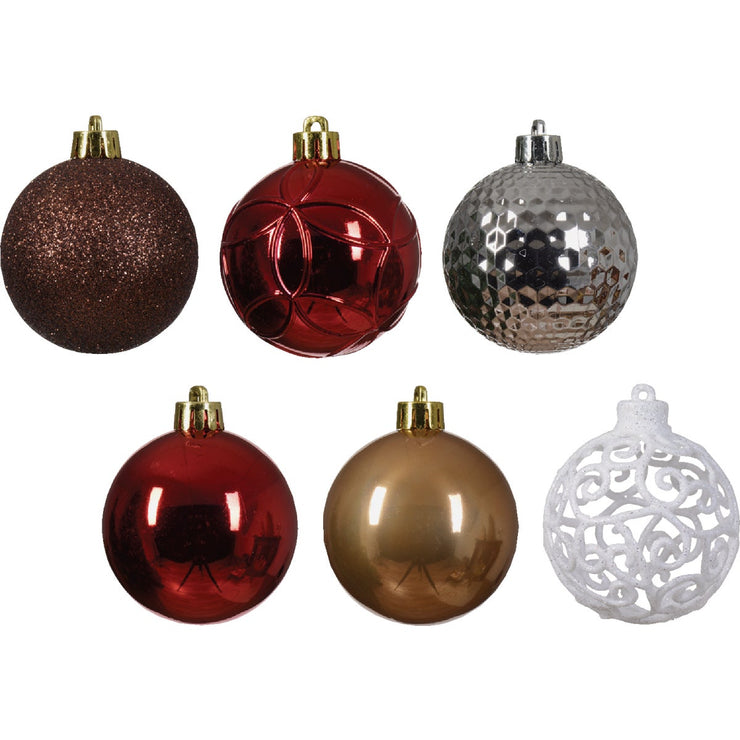 Image of Decoris 2.4 In. Shatterproof Christmas Red, Espresso, Winter White, Ginger Brown, Silver Bauble Christmas Ornament (37-Pack)