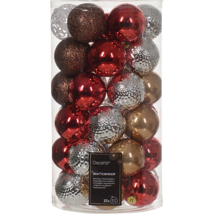 Image of Decoris 2.4 In. Shatterproof Christmas Red, Espresso, Winter White, Ginger Brown, Silver Bauble Christmas Ornament (37-Pack)