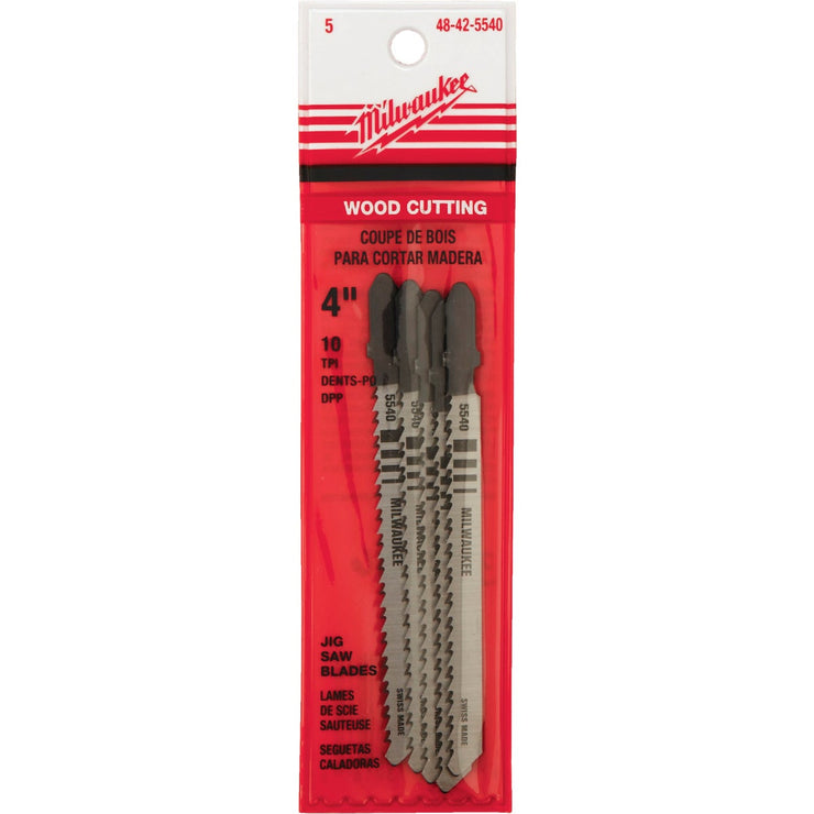 Milwaukee T-Shank 4 In. x 10 TPI High Carbon Steel Jig Saw Blade, Wood Cutting (5-Pack)
