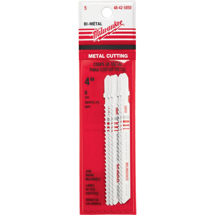 Milwaukee T-Shank 4 In. x 8 TPI Bi-Metal Jig Saw Blade, Metal Cutting (5-Pack)