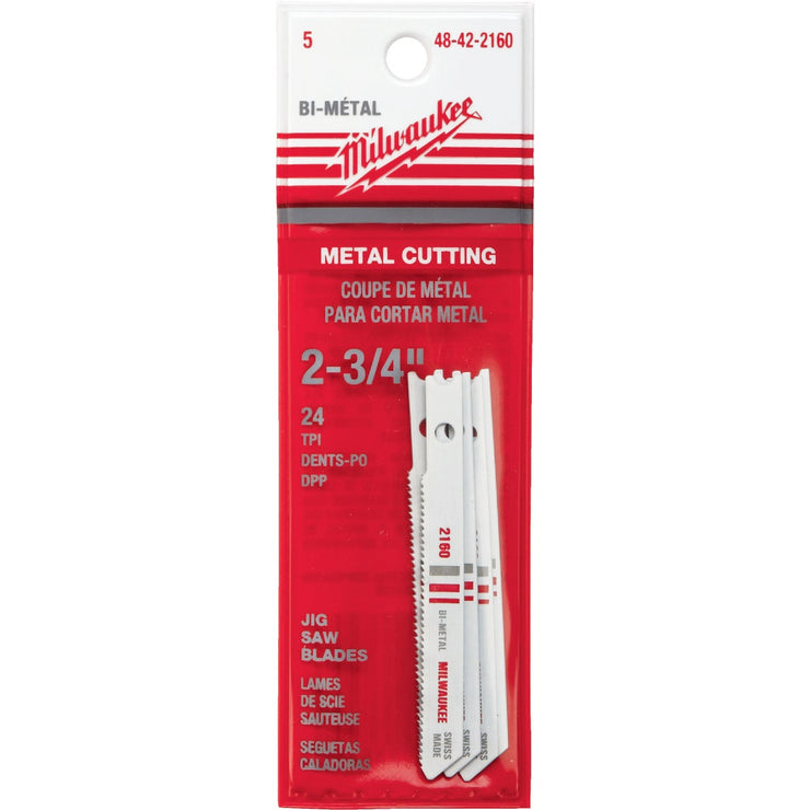 Milwaukee U-Shank 2-3/4 In. x 24 TPI Bi-Metal Jig Saw Blade, Metal Cutting (5-Pack)