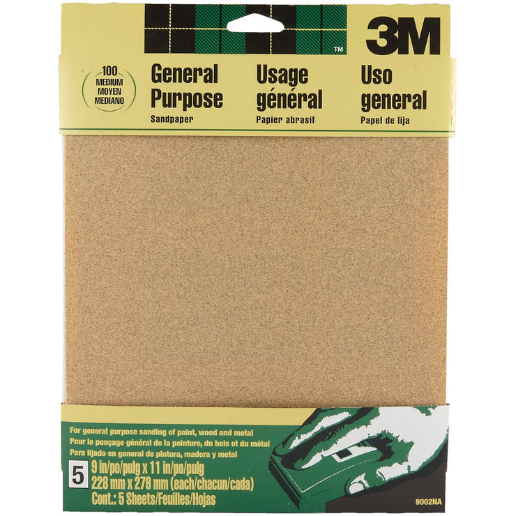 3M General -Purpose 9 In. x 11 In. 100 Grit Medium Sandpaper (5-Pack)