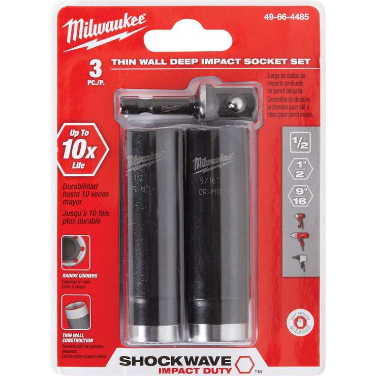 Milwaukee SHOCKWAVE Standard 1/2 In. Adapter, 1/2 In. & 9/16 In. Drive 6-Point Thin Wall Deep Impact Driver Set (3-Piece)