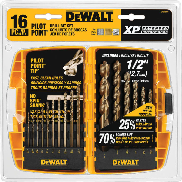 DeWalt XP16-Piece Titanium Pilot Point Drill Bit Set, 1/16 In. thru 1/2 In.