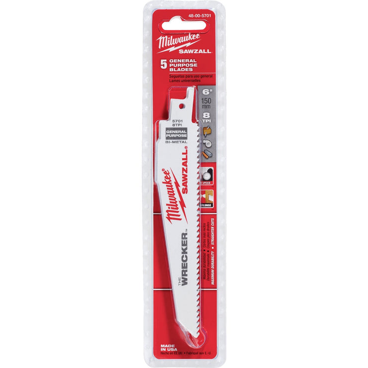 Milwaukee Sawzall THE WRECKER 6 In. 7/11 TPI Multi-Material Demolition Reciprocating Saw Blade (5-Pack)