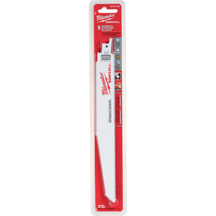 Milwaukee Sawzall THE WRECKER 9 In. 7/11 TPI Multi-Material Demolition Reciprocating Saw Blade (5-Pack)