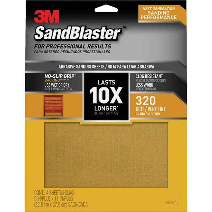 3M SandBlaster No Slip Grip Backing 11 In. x 9 In. 320 Grit Very Fine Sandpaper (4-Pack)