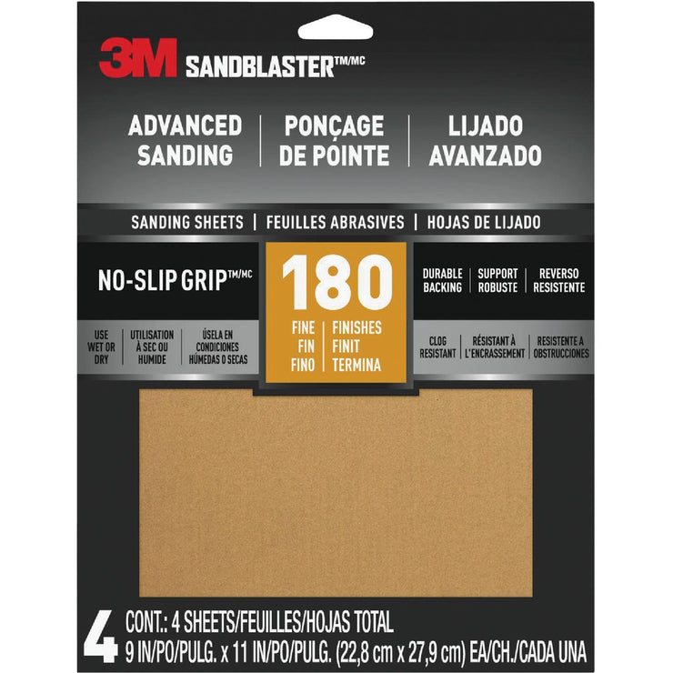 3M SandBlaster No Slip Grip Backing 11 In. x 9 In. 180 Grit Fine Sandpaper (4-Pack)