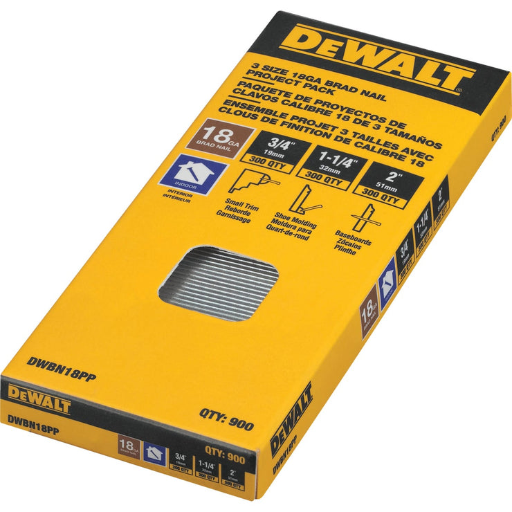 DeWalt 18-Gauge Brad Nail Project Pack, 3/4 In./1-1/4 In./2 In. (900 Ct.)