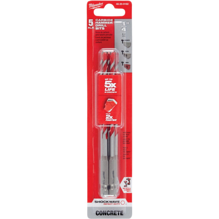 Milwaukee Shockwave 1/4 In. x 6 In. Carbide Masonry Drill Bit (5-Pack)