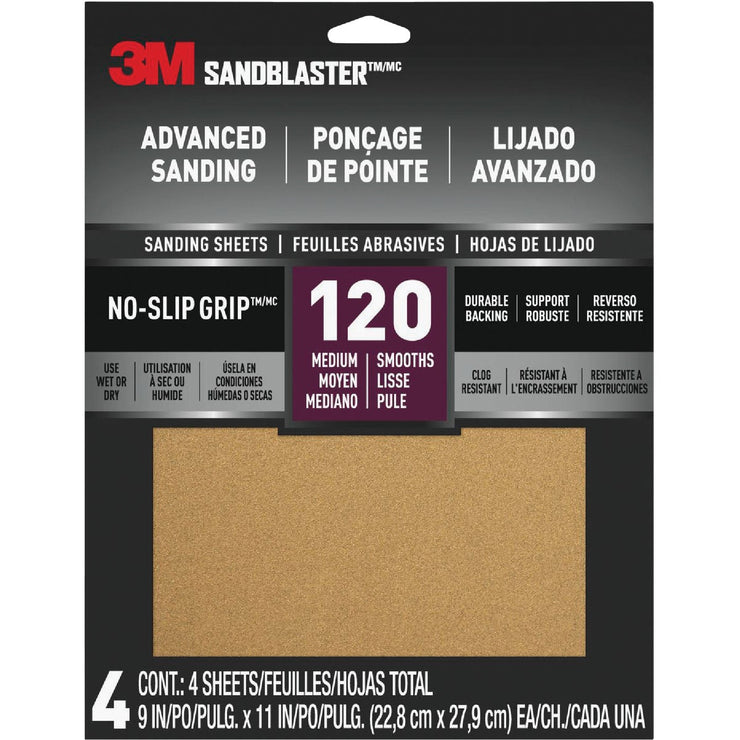 3M SandBlaster No Slip Grip Backing 11 In. x 9 In. 120 Grit Medium Sandpaper (4-Pack)